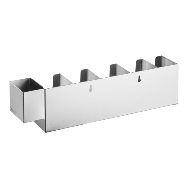 A stainless steel wall-mount or countertop cup and lid holder with five adjustable sections and an attached straw caddy.