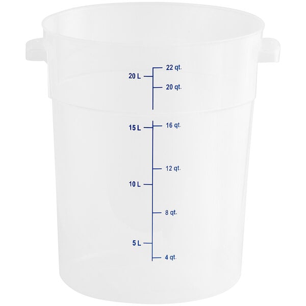 A translucent plastic container with blue measurements on it.