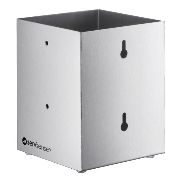 A stainless steel flatware organizer designed for countertop or wall-mount use.