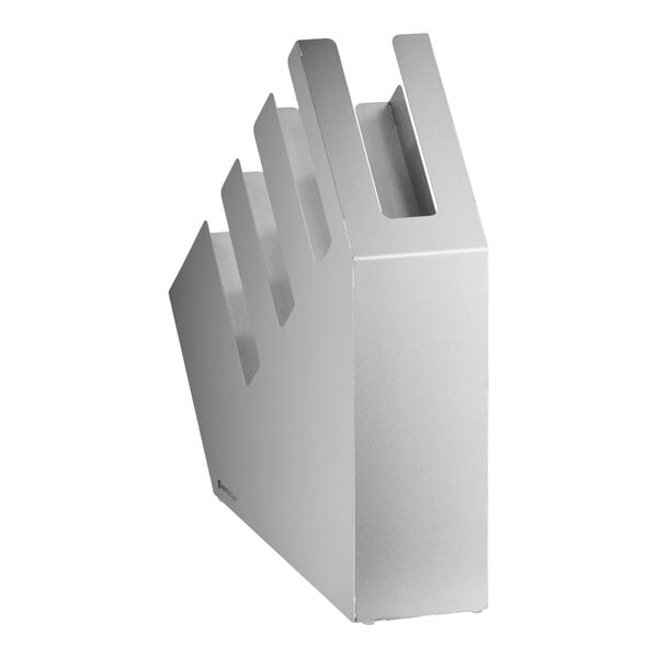 A stainless steel 4-section slanted countertop organizer for cups, lids, or straws.