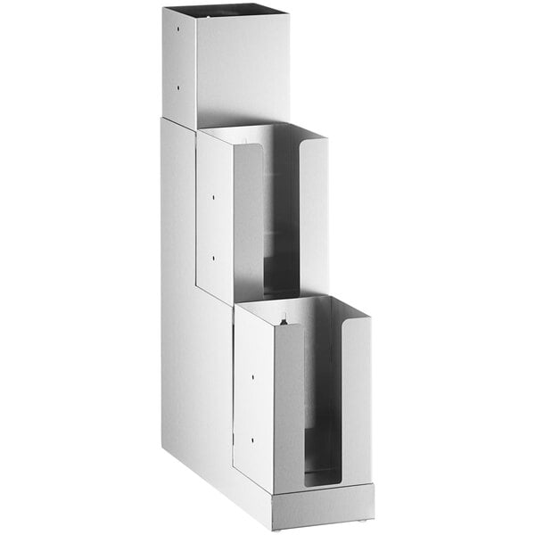 A white metal ServSense 3-tier organizer with four compartments.