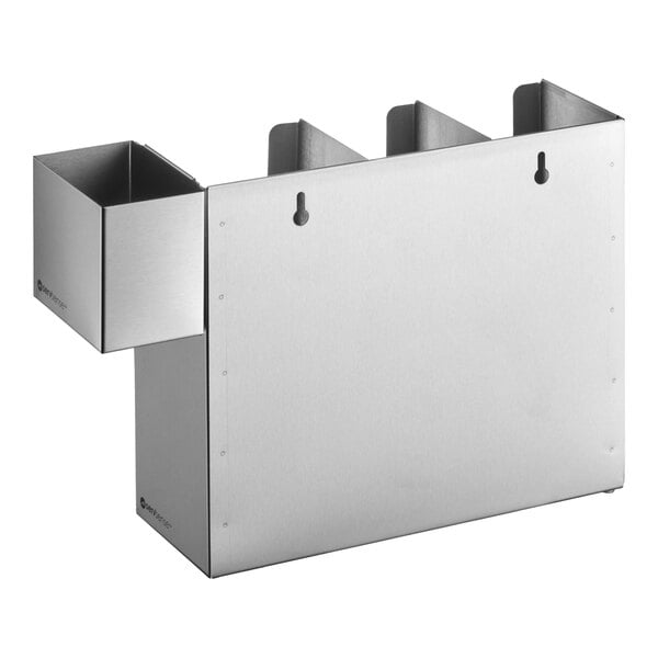 A stainless steel wall-mount or countertop cup and lid holder with three adjustable sections and an attached straw caddy.