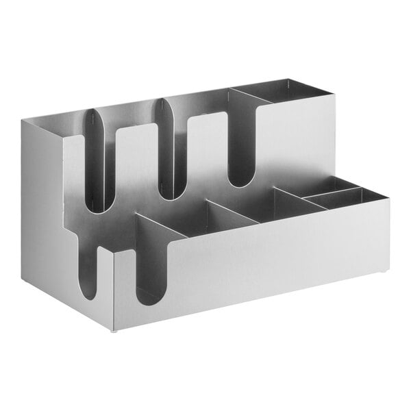 A stainless steel countertop or wall-mount organizer with nine sections for holding cups, lids, or condiments.
