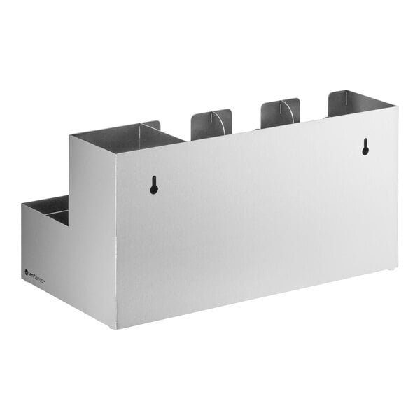 A stainless steel organizer with nine sections designed for holding cups, lids, or condiments, suitable for countertop or wall mounting.