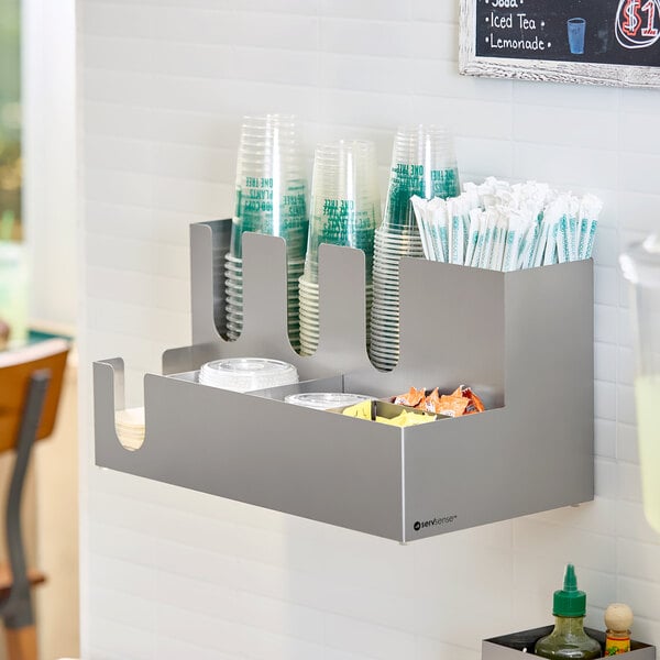 ServSense 9-Section Stainless Steel Countertop / Wall-Mount Cup / Lid / Condiment Organizer