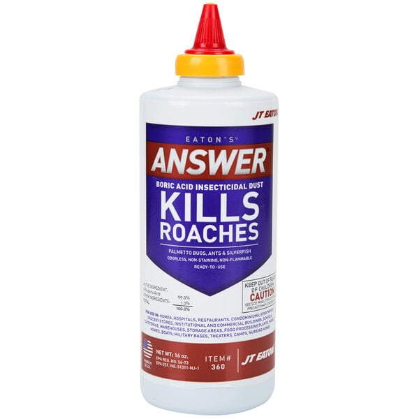 A white JT Eaton bottle with a red cap and a label reading "360 Answer Insect Control Dust"