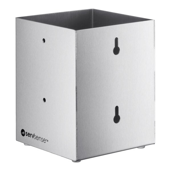 A stainless steel countertop or wall-mount organizer designed for holding flatware or straws.