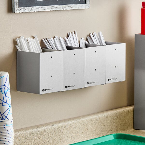 ServSense Stainless Steel Countertop / Wall-Mount Flatware/Straw Organizer - 4/Set