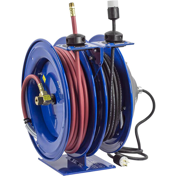 A blue Coxreels hose reel with a low pressure air hose and power cord attached.