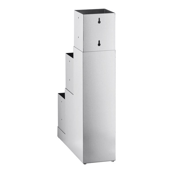 A stainless steel 3-tier flatware organizer with separate compartments for utensils.