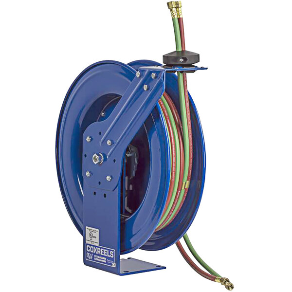 A blue Coxreels welding hose reel with a hose and cable attached.