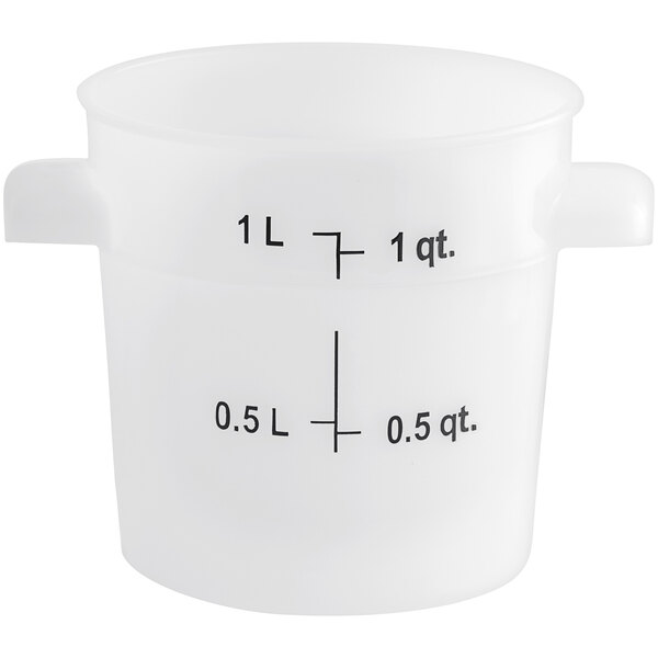 a white measuring cup with black text