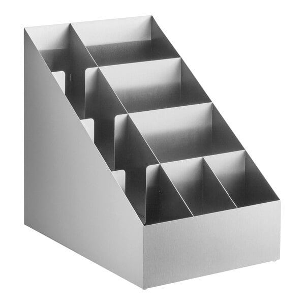 A stainless steel countertop organizer with nine sections for holding cups, lids, or condiments.