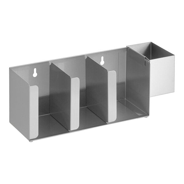 A stainless steel wall-mount or countertop organizer with three adjustable sections for cups or lids and an attached straw caddy.