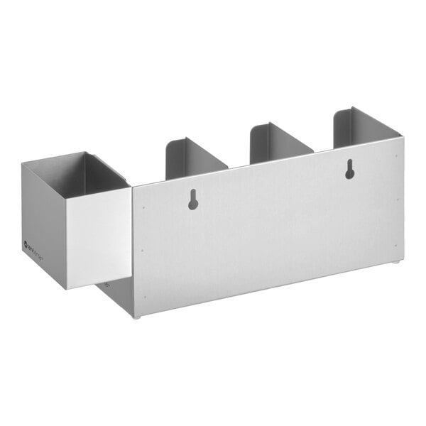 A stainless steel wall-mount or countertop cup and lid holder with three adjustable sections and an attached straw caddy.