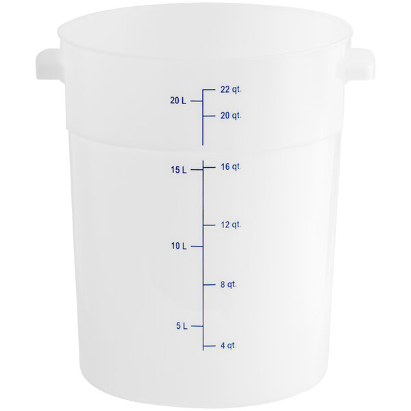 A white plastic Vigor food storage container with blue measurements and blue writing.