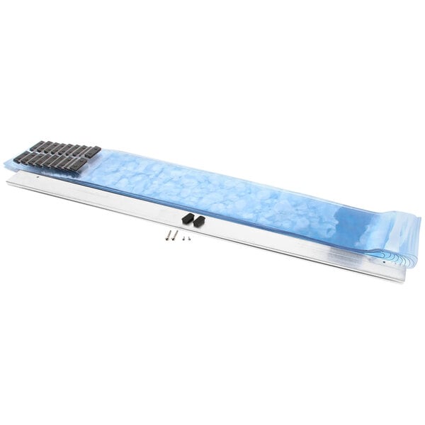 a blue and silver rectangular object with screws