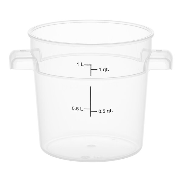 A Vigor translucent plastic food storage container with measurements.