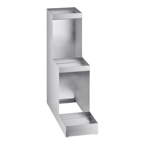 A three-tier stainless steel bottle riser.