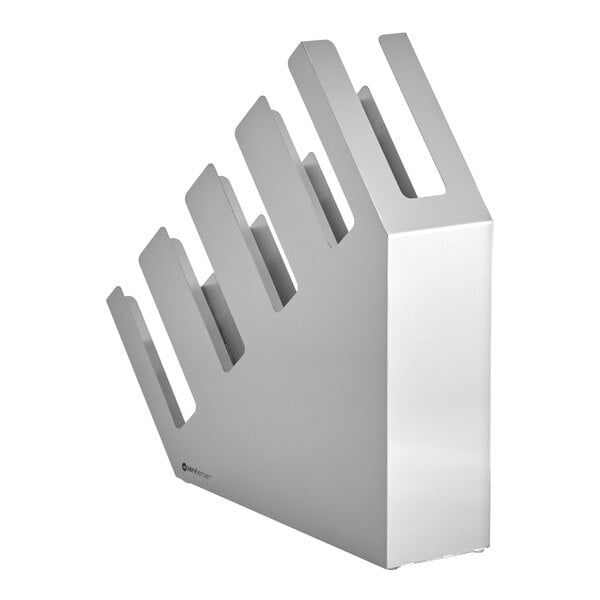 A stainless steel slanted countertop organizer with four sections for holding cups or lids.