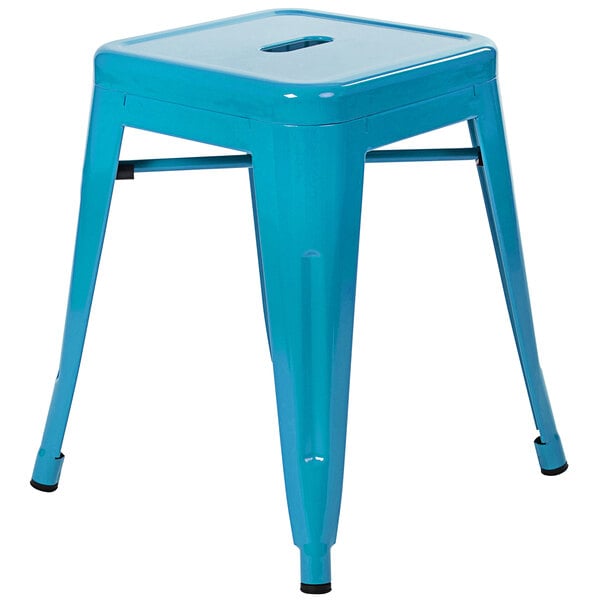 A Flash Furniture teal metal backless stool with square drain seat.
