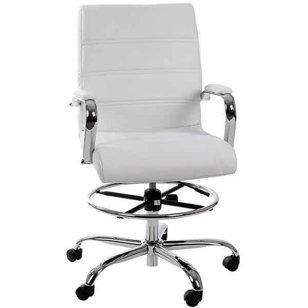 a white office chair with chrome legs