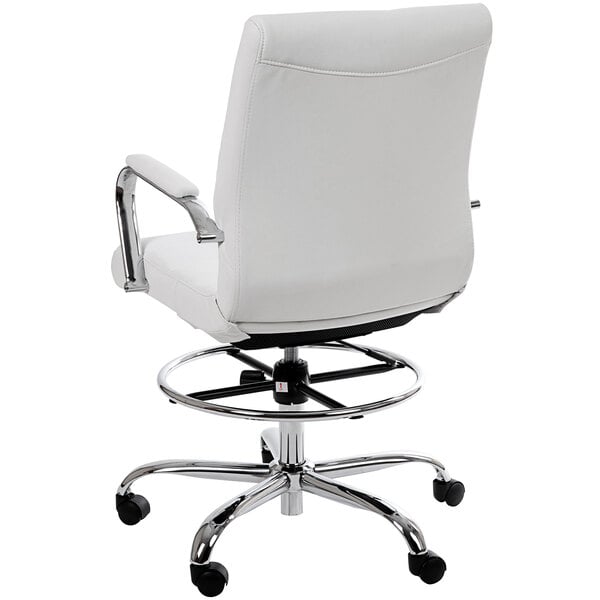 A white office chair with chrome legs and wheels.