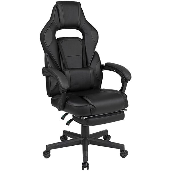 A close up of a black Flash Furniture High-Back LeatherSoft Office Chair with wheels.