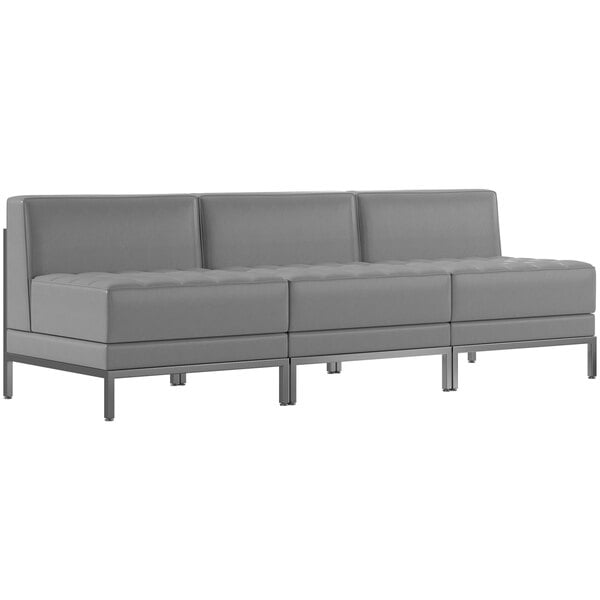 A Flash Furniture Hercules grey leather lounge bench with silver legs.