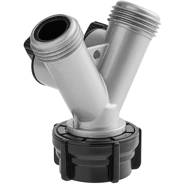 A silver metal Vitamix "Y" faucet connector with black handles.