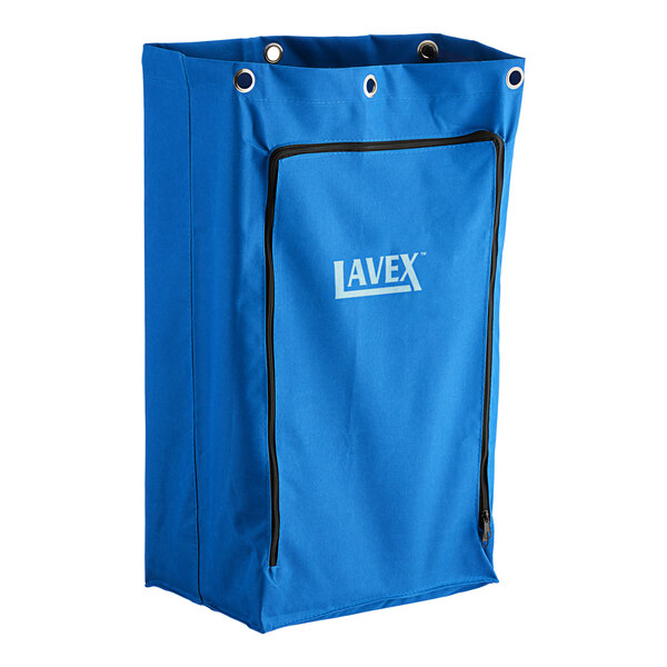 A blue Lavex janitor cart bag with a black zipper.