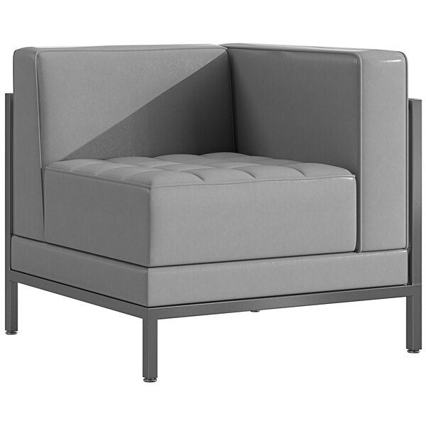 A Flash Furniture grey leather right corner chair with a black frame.