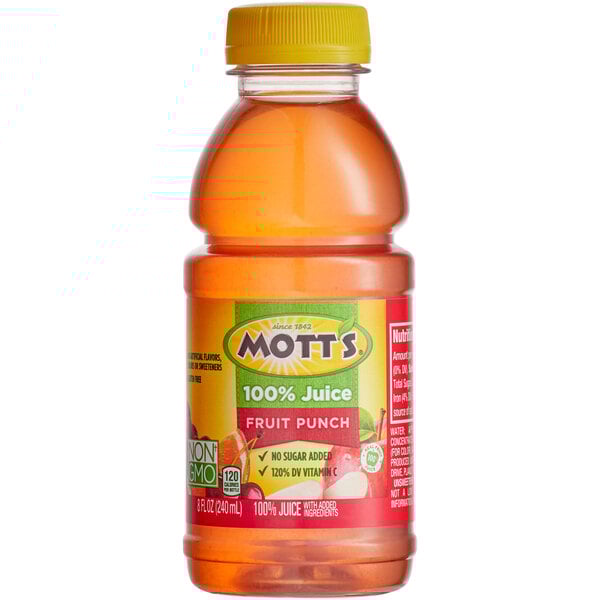 A case of 24 Mott's 100% Juice Fruit Punch bottles.