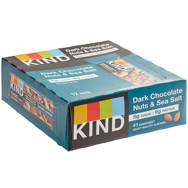 A box of 72 KIND Dark Chocolate Nuts & Sea Salt Bars.