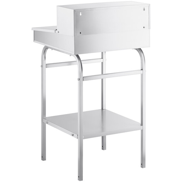 A white rectangular Lavex stationary receiving desk with a shelf on top.