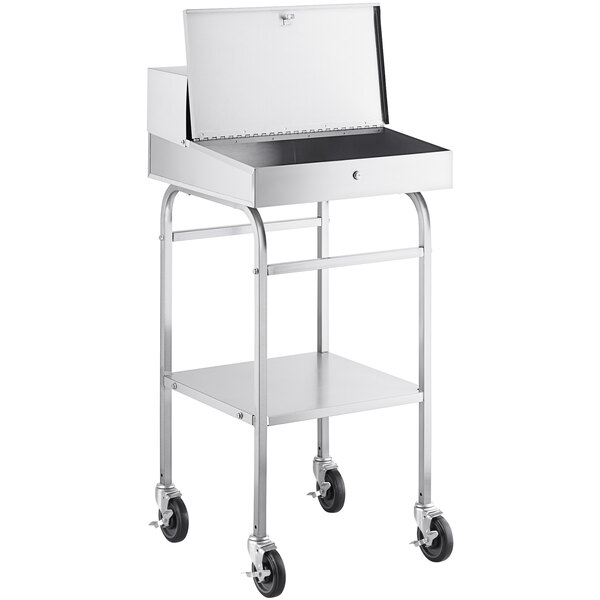 A stainless steel Lavex mobile receiving desk with a black lid.