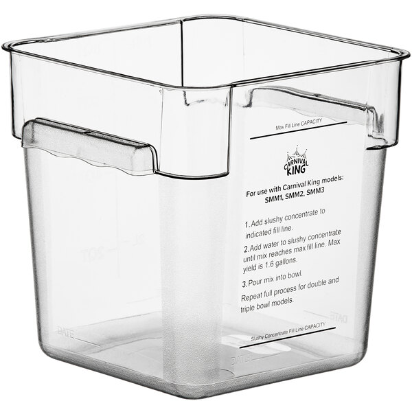 A clear square container with a label.