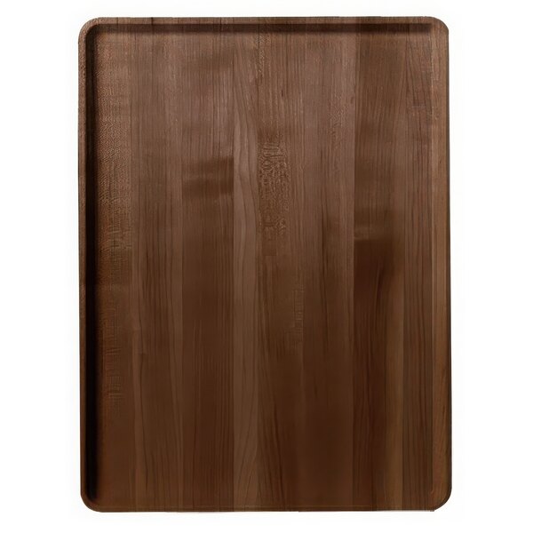 A Cambro Country Oak faux-wood tray with a wood surface.
