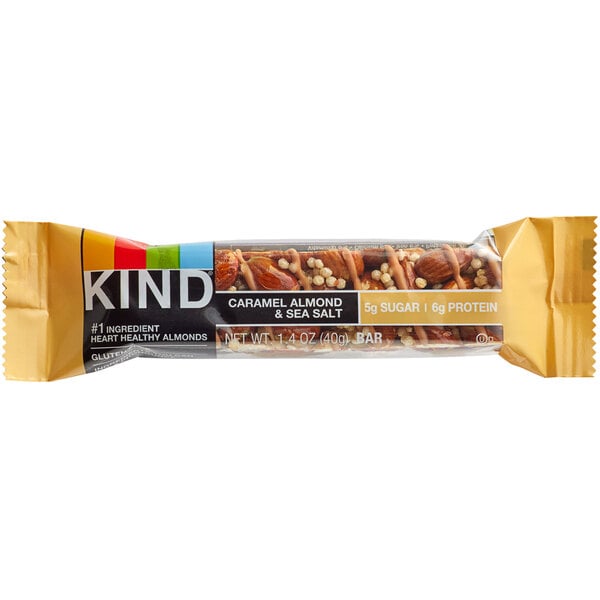 A package of KIND Caramel Almond & Sea Salt Bars on a white background.