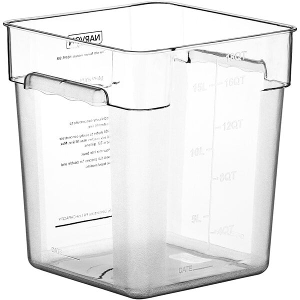 A clear plastic square Narvon container with a handle and measuring scale.