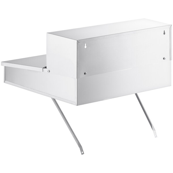 A stainless steel wall mount receiving desk with a shelf and drawer.