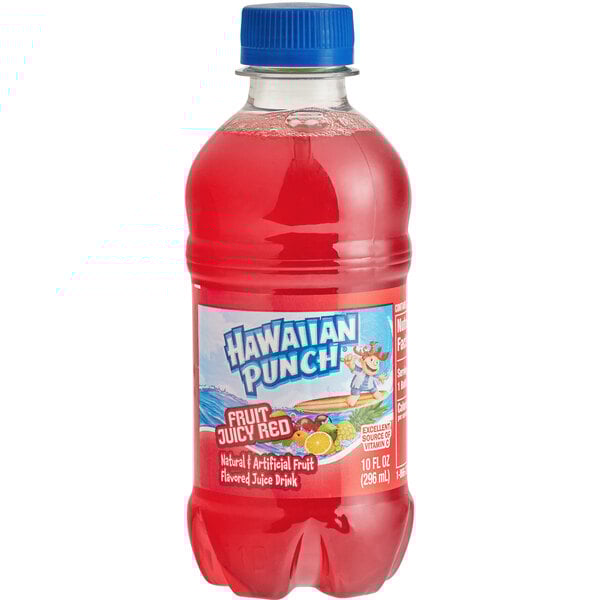 A case of 24 Hawaiian Punch Fruit Juicy Red bottles.