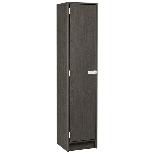 A tall dark wood I.D. Systems single door storage locker.