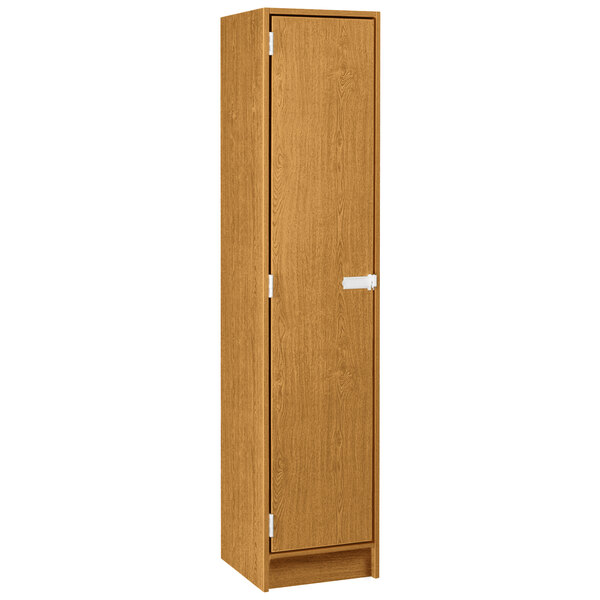 A light oak wooden locker cabinet with a single door and two shelves, with a white handle.