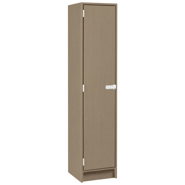 a brown cabinet with white handles