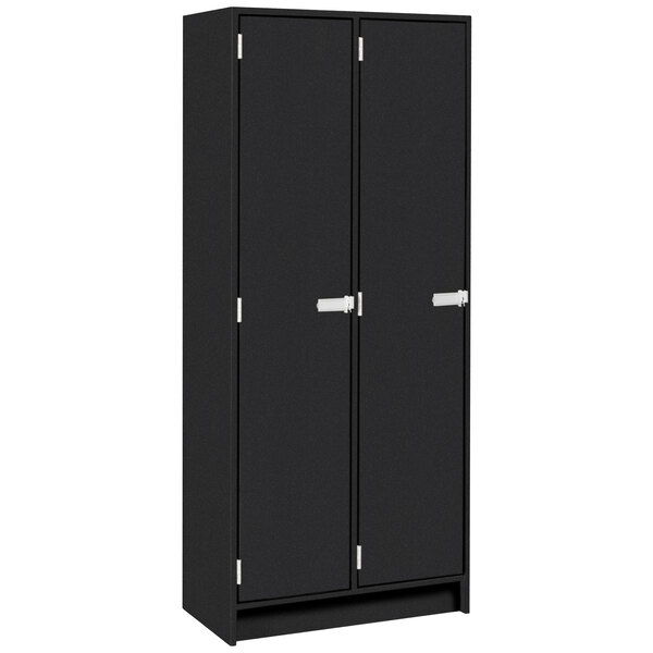 A black I.D. Systems locker with silver handles.