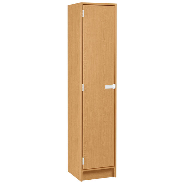 A maple wooden locker cabinet with a door.