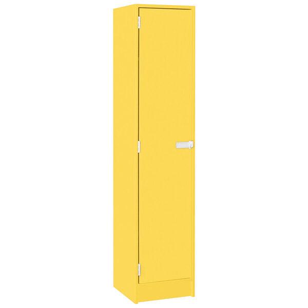 A sun yellow I.D. Systems storage locker with a door and two shelves.
