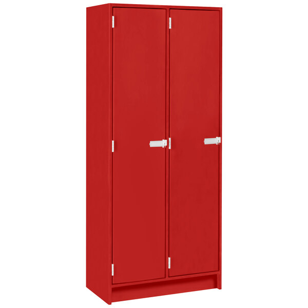 A red metal I.D. Systems double door storage locker with two shelves.