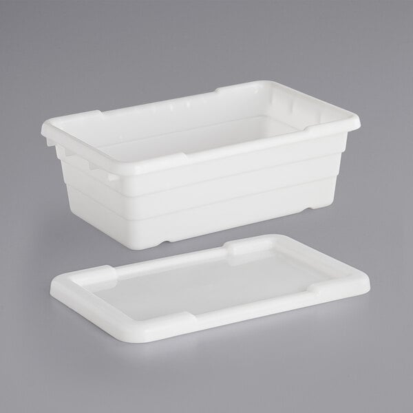 A white plastic Choice meat lug with a lid.